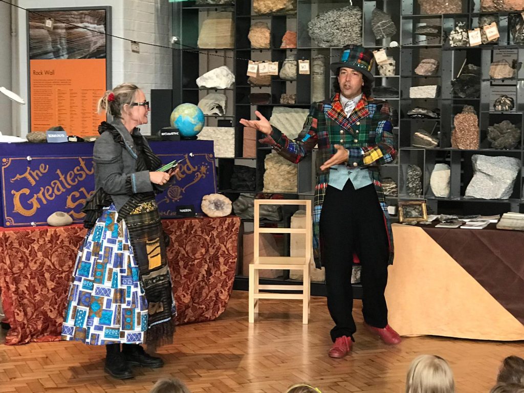 geology science theatre show with rocks, fossils and minerals